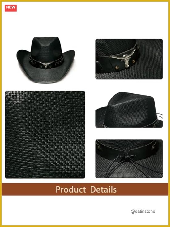 Wide Brim Raffia Straw Cowboy Hat with Decorative Band